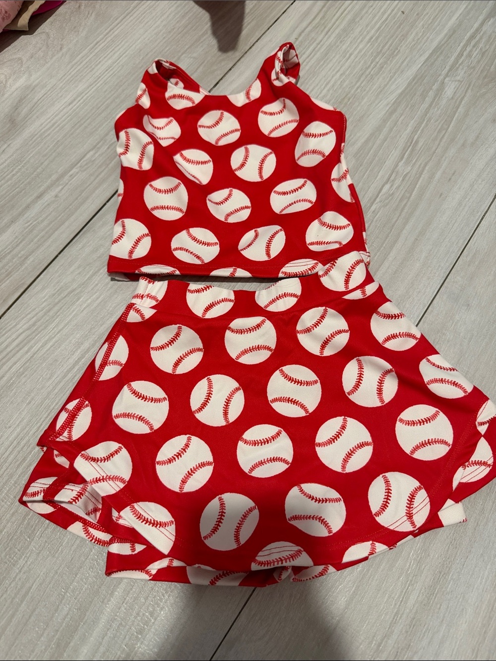 SweetHoney Red and White Baseball Print Girls Matching Set